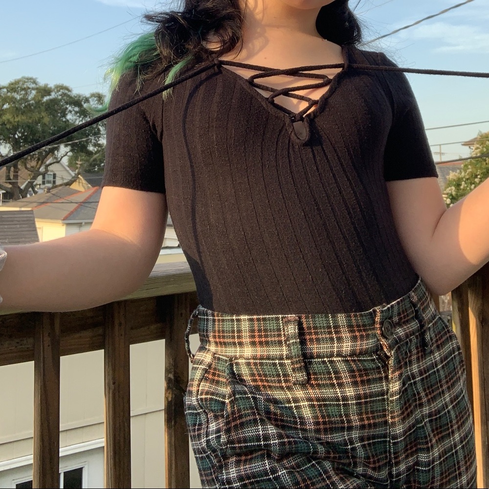 American Eagle Ribbed Black Lace Detail Bodysuit